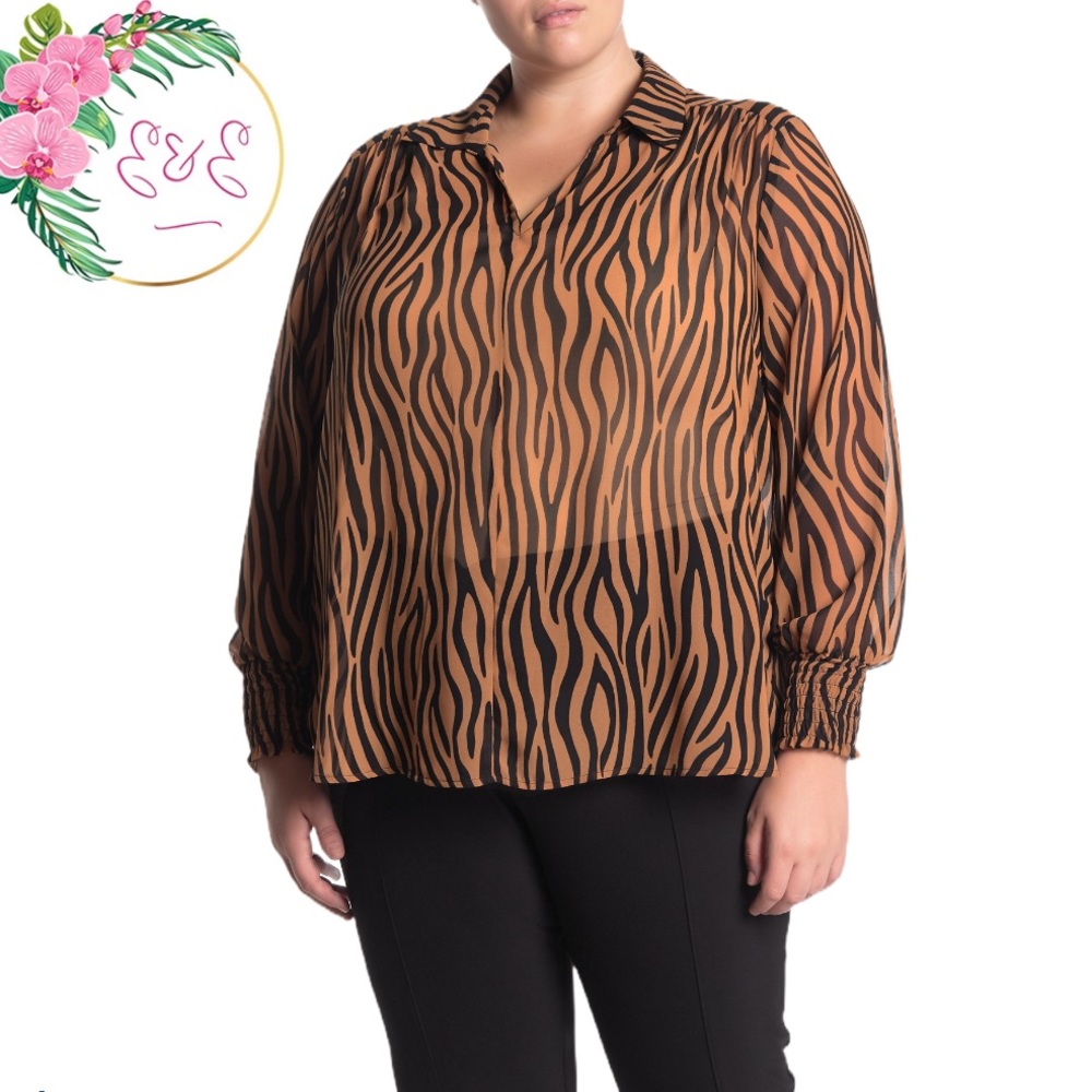 PLEIONE Split Neck Long Sleeve Chiffon Blouse 1X